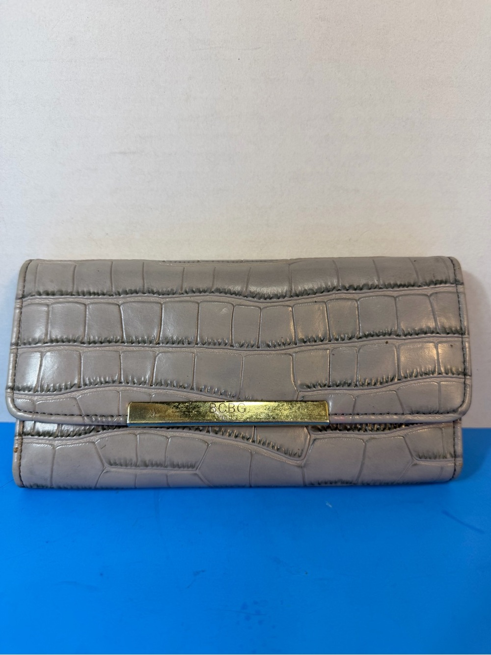 BCBG Taupe Croc-Embossed Leather Wallet with Gold Accent